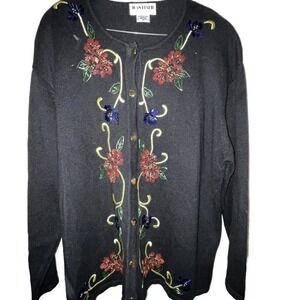 VTG Joan Leslie Sz 3X Christmas‎ Cardigan Black Colorful Beads Embroidered